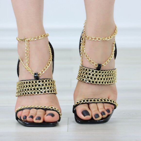 Open Toe High Heel Sandals Gold Chain Ankle Strap Patent Leather Stilettos - Picture 11 of 13